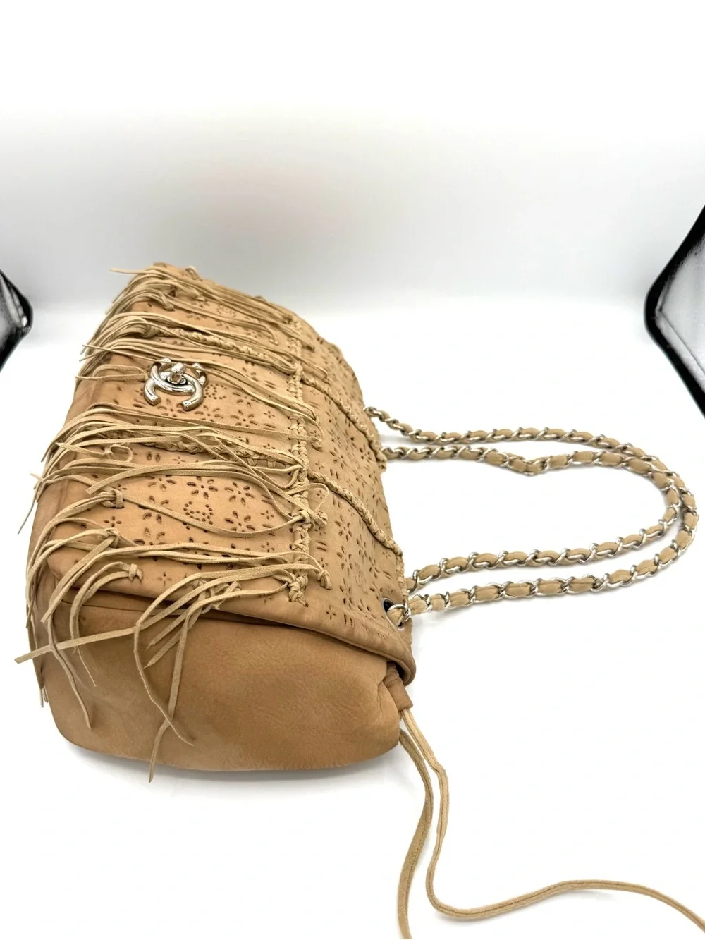 Chanel Tan Brown Suede Fringe Floral CC Flap Bag